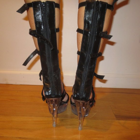 NIB Black Leather Leg Strapped & Buckled High Heel Platform Sandals - Picture 4 of 12